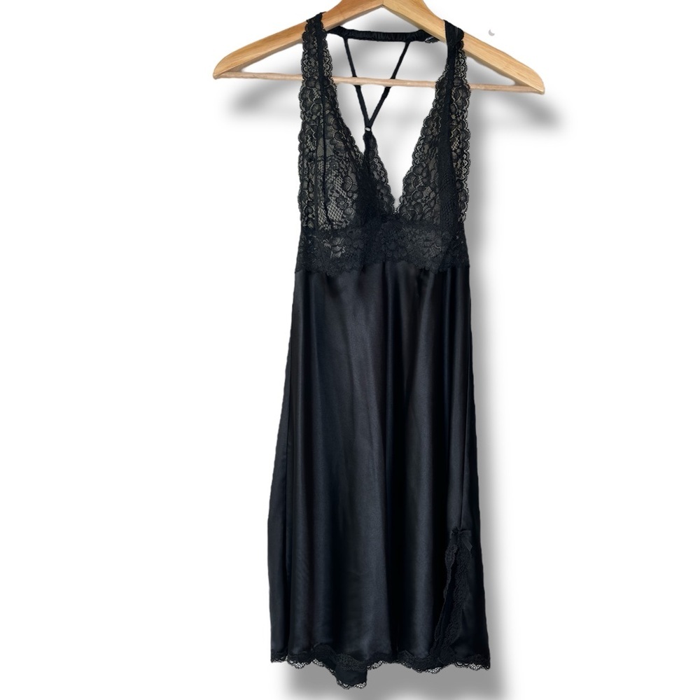 Vicoria's Secret Black Satin‎ Lace Slip Dress Babydoll Lingerie Nightgown Size M